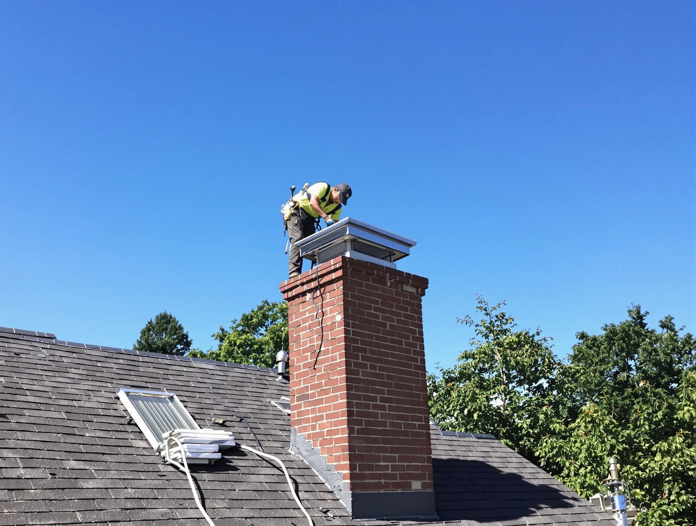 Bosque Farms Chimney Sweep technician measuring a chimney cap in Bosque Farms, NM