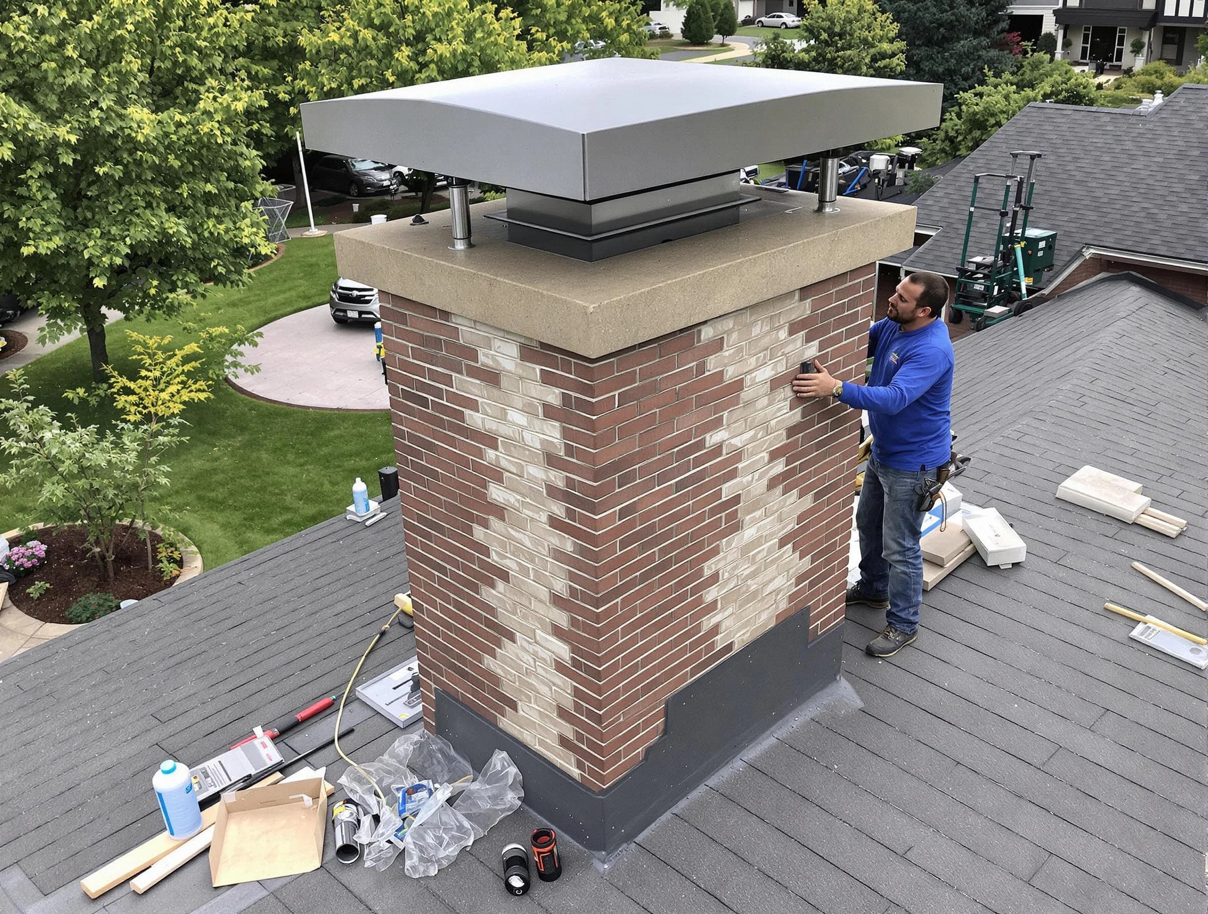 Bosque Farms Chimney Sweep team working on a custom chimney remodel in Bosque Farms, NM